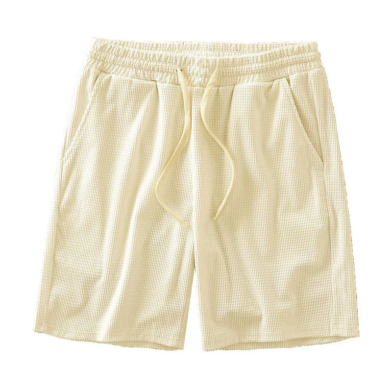 Men Shorts Solid Color Mid Waist Summer Motion Waffle Texture/Deep Crotch Drawstring Male Shorts Loose Knee Length Casual Short