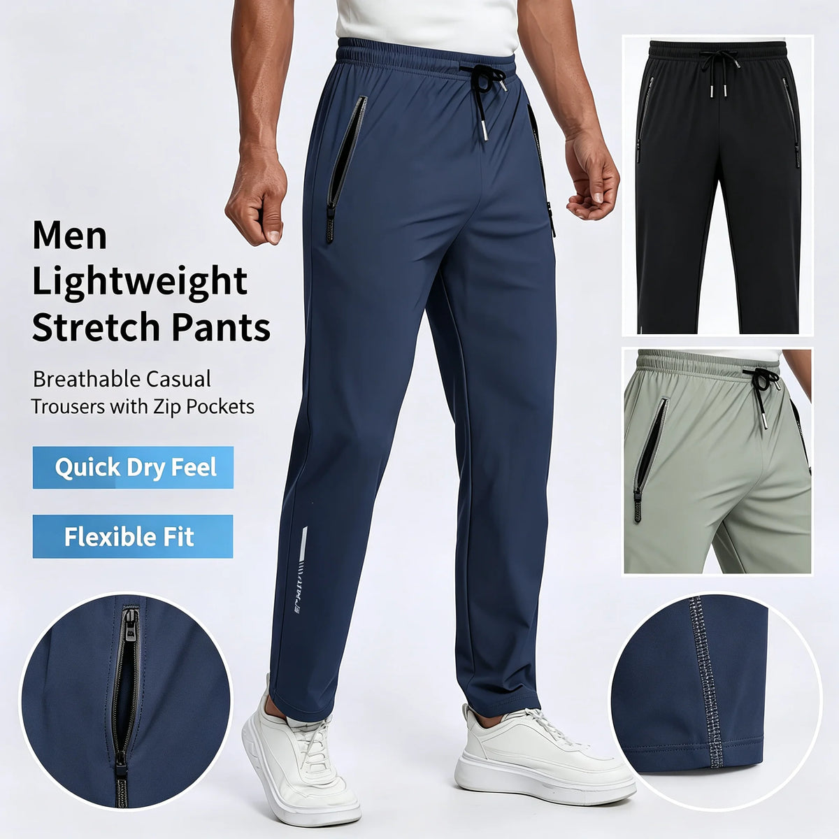 Men Breathable Quick Dry Sports Pants Moisture Wicking Trousers/with Reflective Print Drawstring Pockets & Zipper Details Outdoor Pants