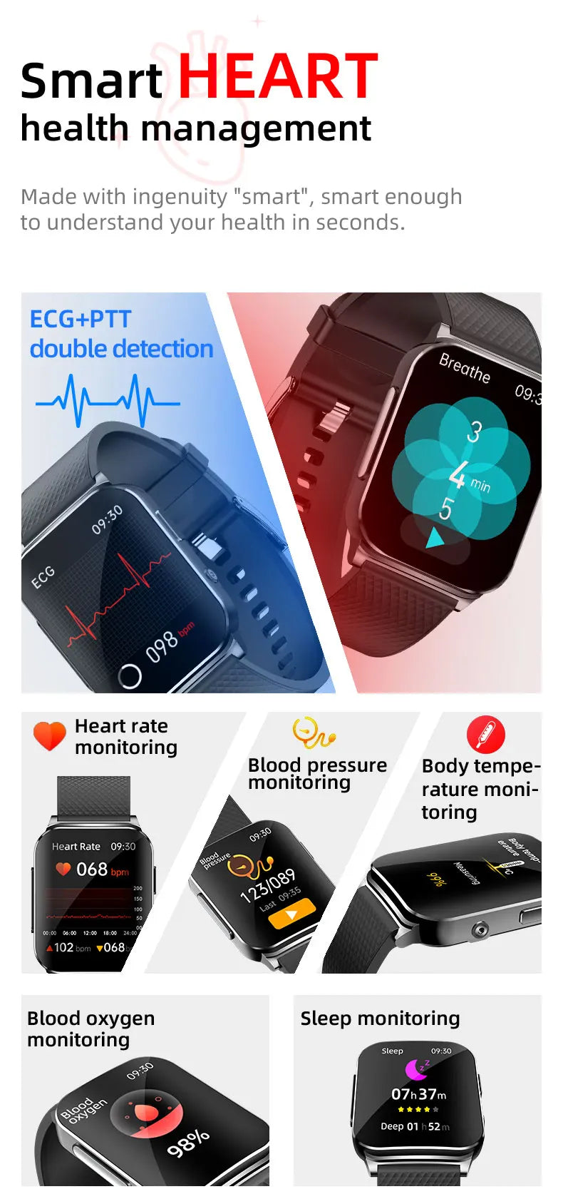 New ECG+HRV Smart Watch Men Women Heart Rate Blood Pressure/Body Temperature Sleep Monitor Fitness Pedometer Sports Watch