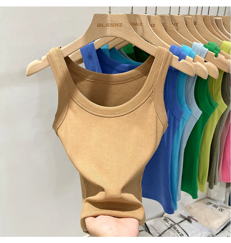 zjaiss Women Solid Round Neck Ribbed Tank Top Camisole Women/Summer Basic Elastic Tank Top O Neck Solid Tank Top