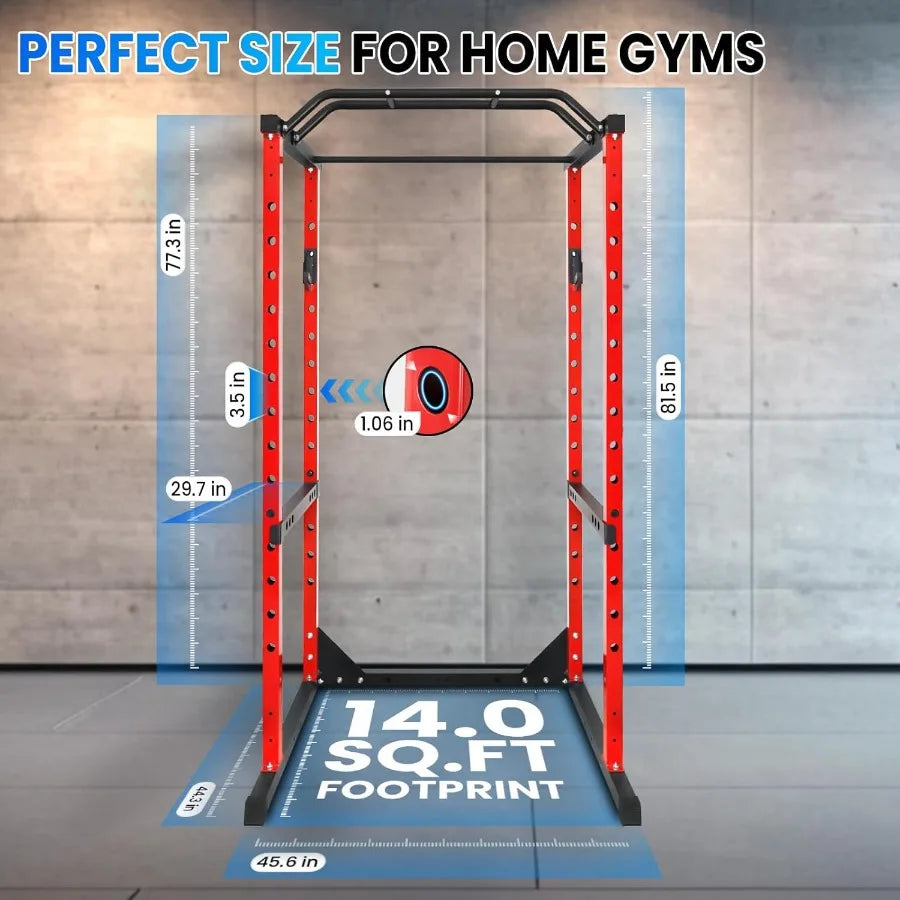 Squat Rack 1200LB Capacity, Fitness Power Cage with Adjustable Pull Up Bar/J Hooks, Multi-Functional Weight Bench for Home Gym