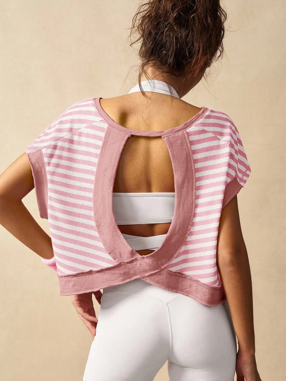 Women Striped Open Back Workout/Top Gym Crop Top Summer Active Wear Shirts