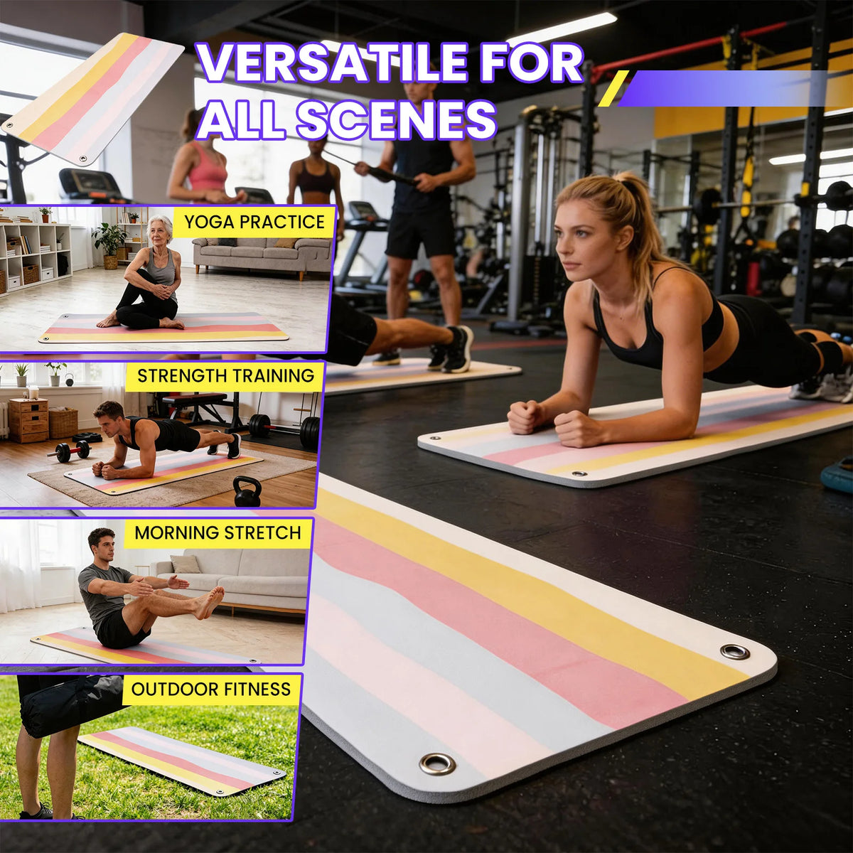 Hanging Fitness Exercise Mat, 71"×24" Non-Slip Foldable Workout Mat/with Metal Grommets for Yoga Strength Training Home Gym