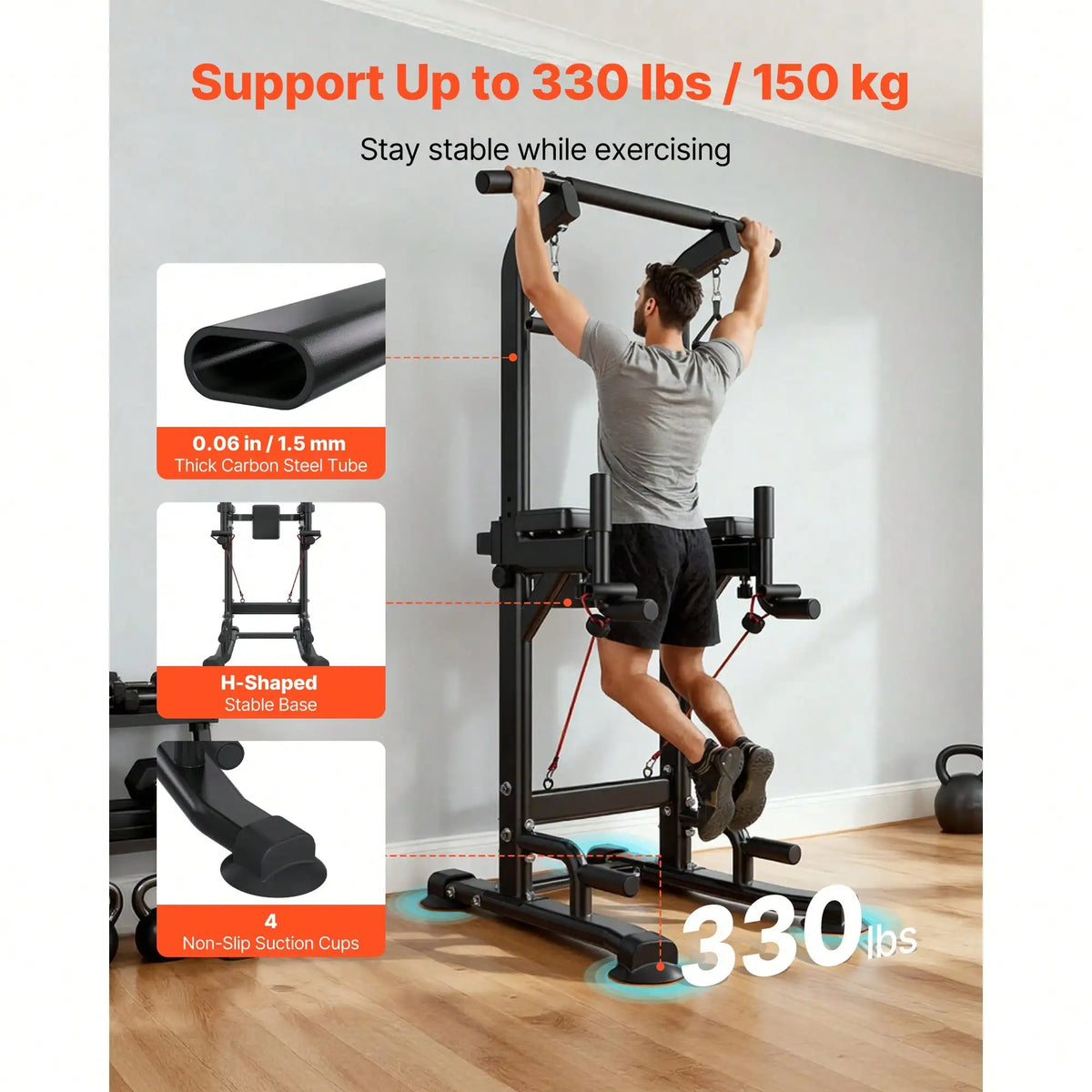 Pull Up Bar, 330 LBS Power Tower Dip Station, Workout Dip Station/With H-Shaped Stable Base & Back Pad, Adjustable 12 Level Height