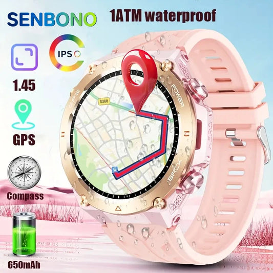 SENBONO Built-in GPS Women's Smart Watch Bluetooth Call/1ATM Waterproof Military Sports Fitness Tracker Smartwatch for Women