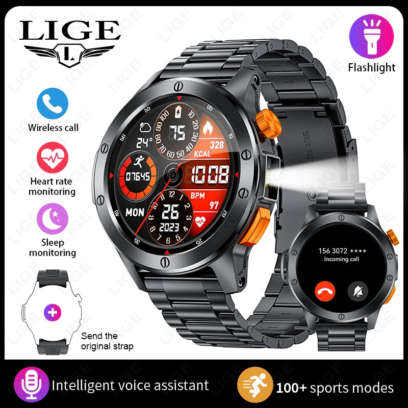 LIGE Sports Smart Watch Men LED Flashlight IP68 Waterproof/Bluetooth Call Health Watches Voice Assistant Military Smartwatch Men