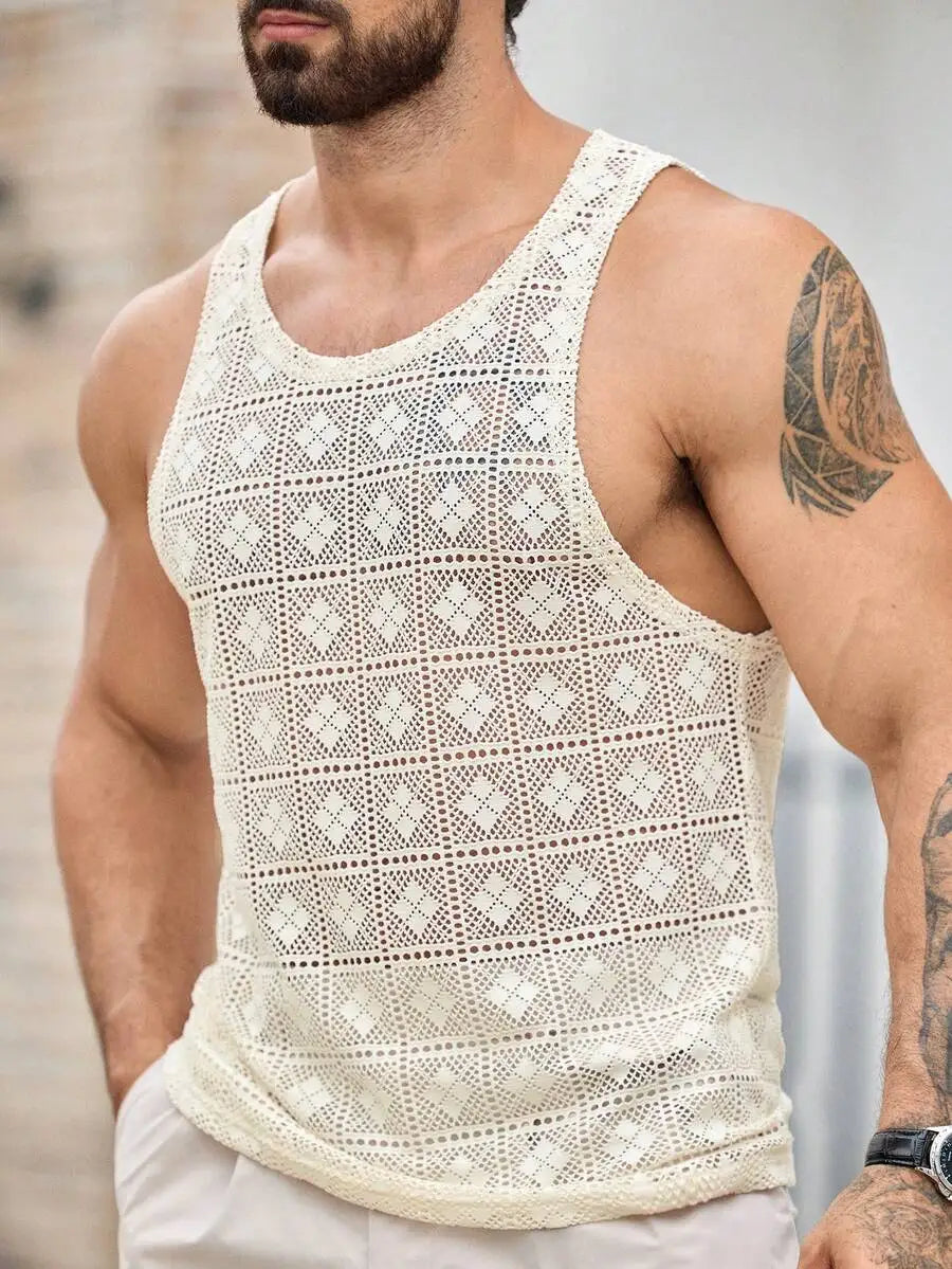 Manfinity Men's Hollow-Out Jacquard Knit Tank Top/Solid Color Round Neck Textured Casual Vest Summer Fashion Mesh