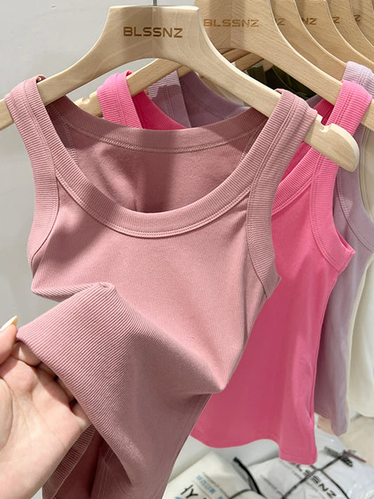 zjaiss Women Solid Round Neck Ribbed Tank Top Camisole Women/Summer Basic Elastic Tank Top O Neck Solid Tank Top