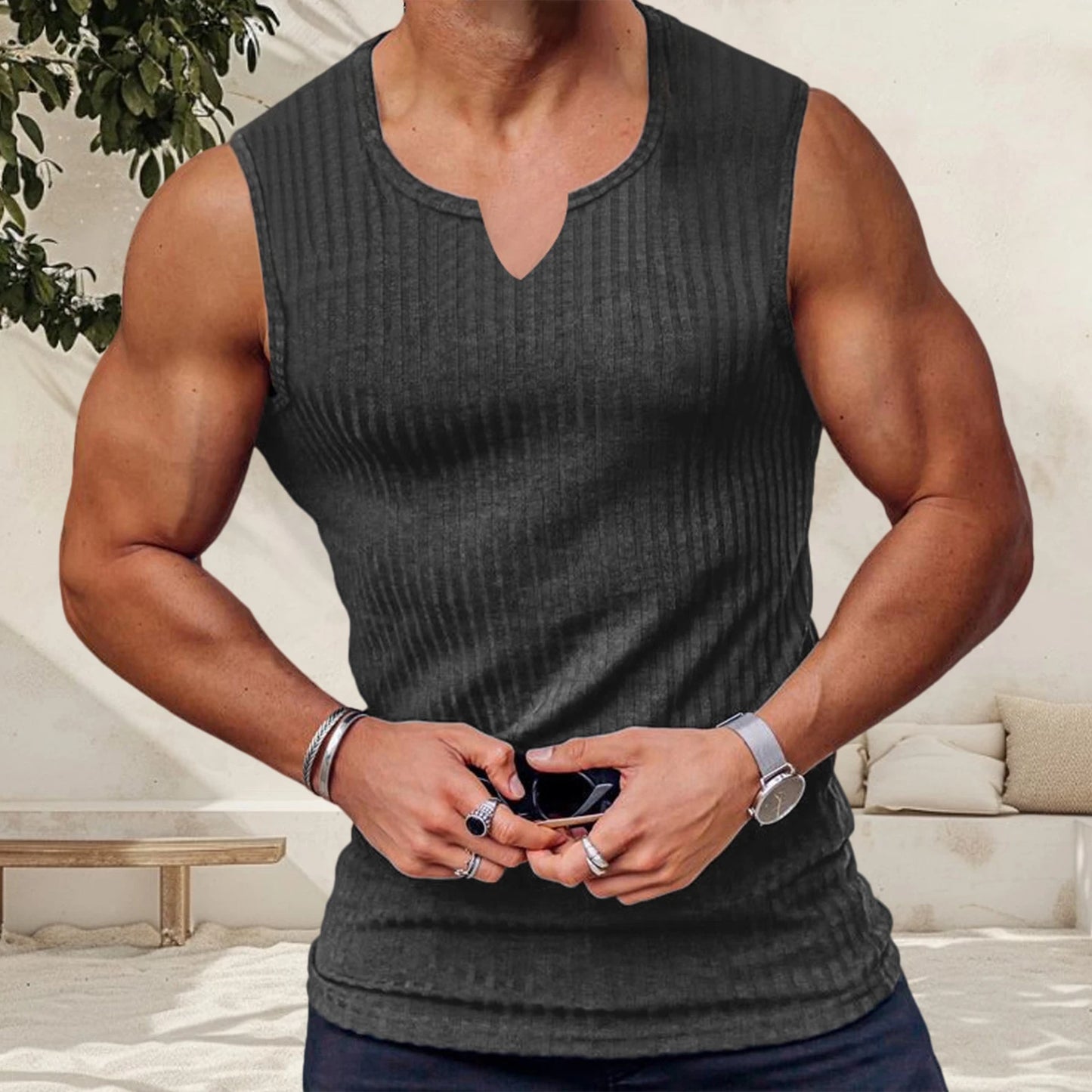 Men s Breathable Sleeveless Gym Tank Tops Summer Workout/Muscle Shirts Notched Neck Bodybuilding Fitness Vests