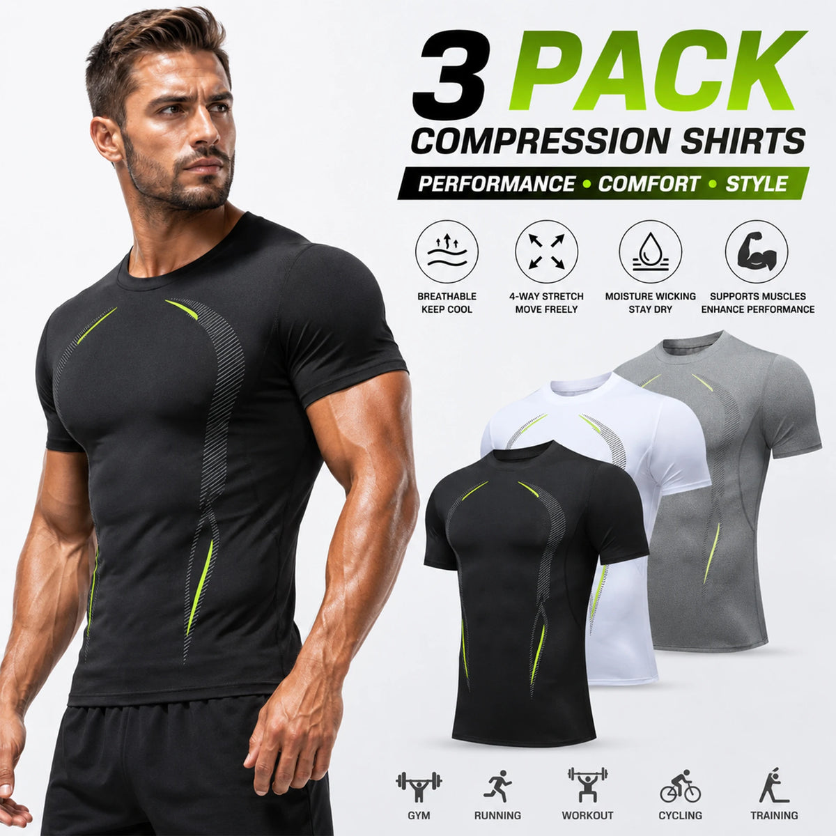 3-Pack Men's Compression Shirts Short Sleeve Gym Tops/Contour Line Workout Tees Moisture-Wicking Quick-Dry Performance