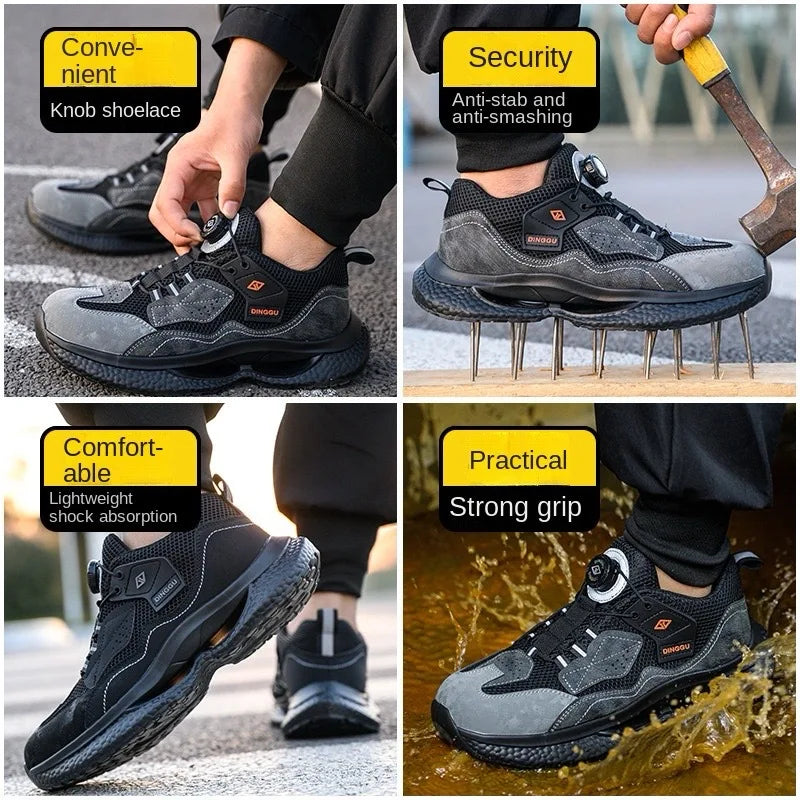 Safety Boots Men Button Work Shock Absorption Sneakers Steel Toe/Working Protective Shoes Men's Anti-smash Puncture-Proof Shoe