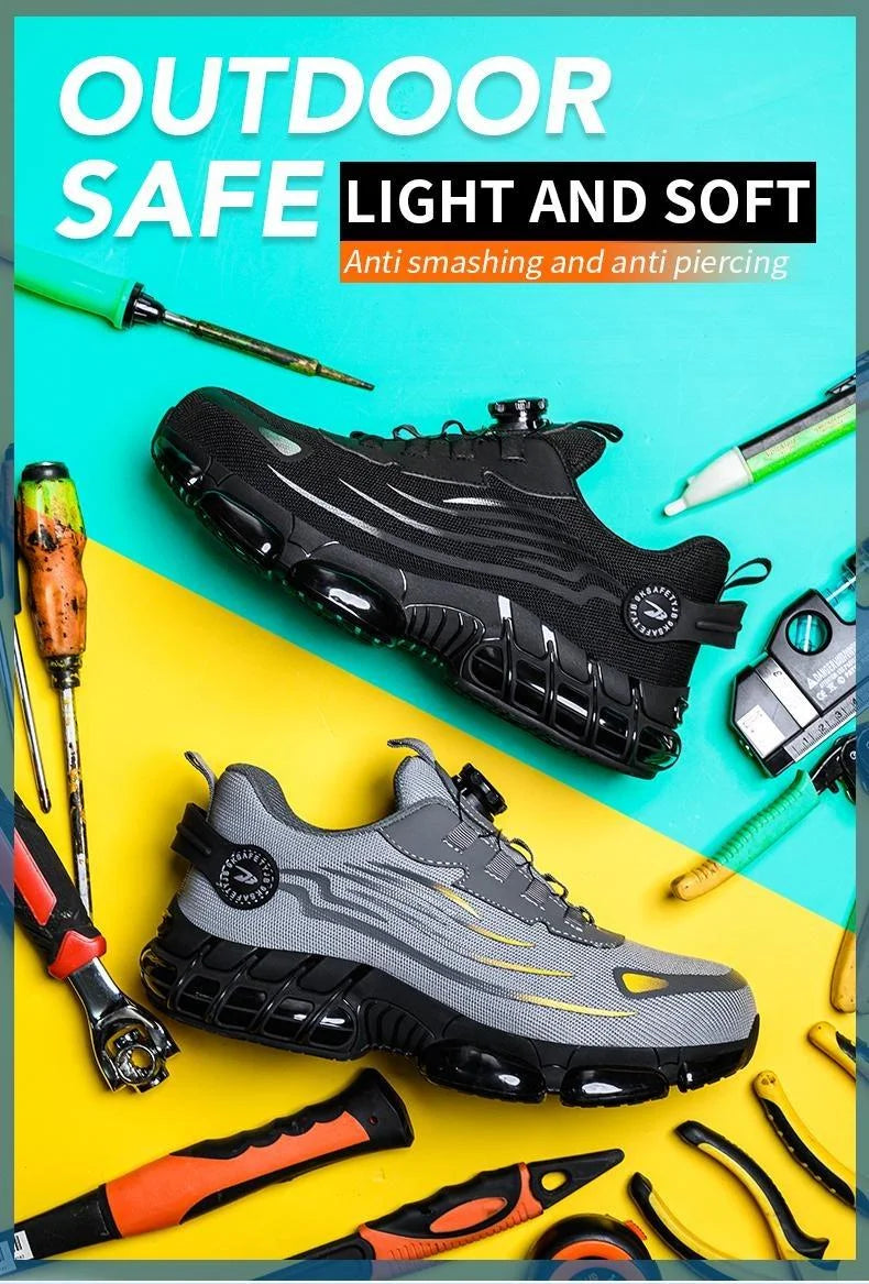 Men's Lace Up Low Top Anti Piercing & Anti Smashing Safety Shoes/with Rotating Button, Contrast Mesh Work Shoes, for Outdoor