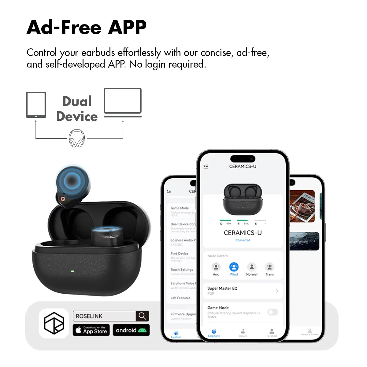 ROSESELSA Ceramics Ultra Wireless Earbuds 50dB Hybrid/ANC HiFi Earphones LHDC LDAC 4Mic AI Noise Reduction 40H Battery