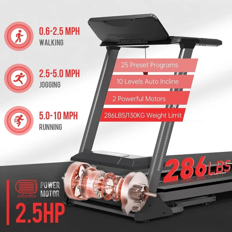 PT50 Treadmill with Incline Foldable Treadmills for Home with 25 Preset Programs/Heart Rate Monitor with Bluetooth Connectivity