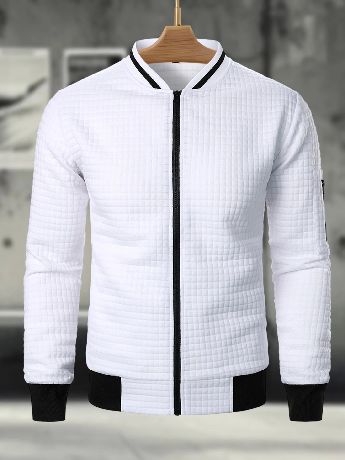 Men s Casual  Fit Zipper Up Lightweight Stand Collar Jacket/Spring Fall Coat with Contrast Color Detail