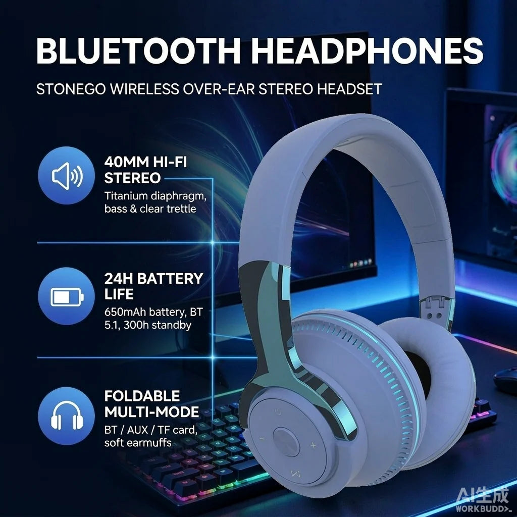 Bluetooth 5.1 Wireless Headphones Stereo Over Ear Headset/with Microphone Foldable Adjustable Lightweight Design Comfortable Fit