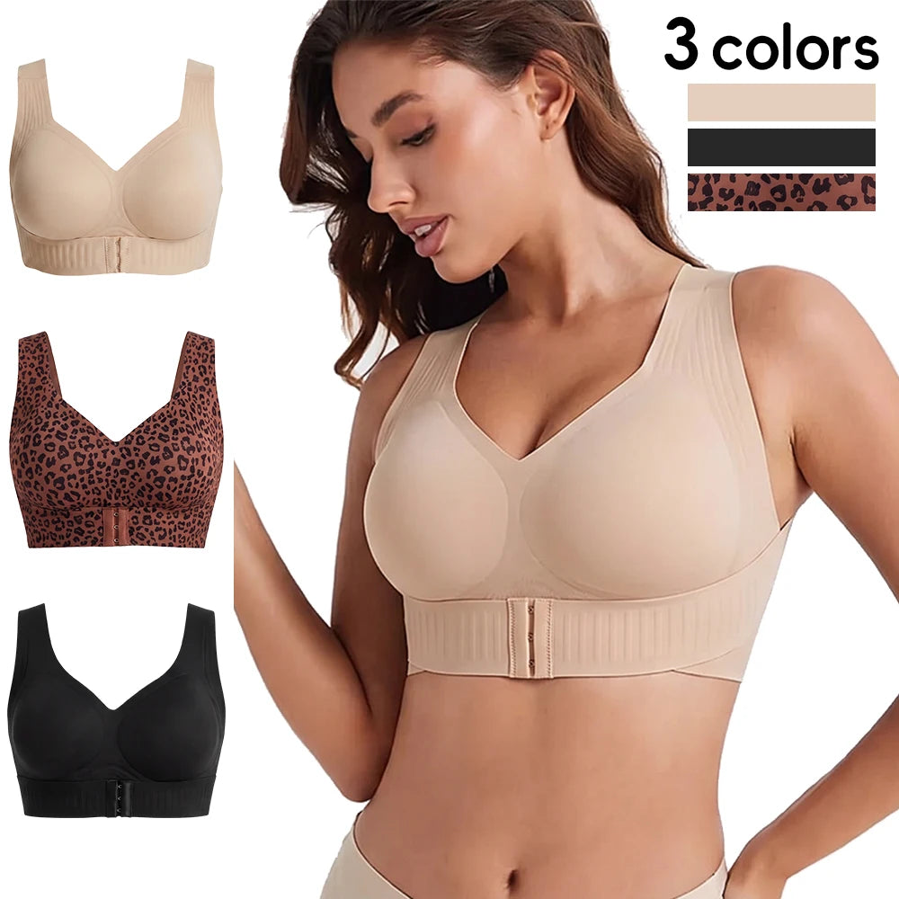 Women Wireless Posture Bra, Front Closure Cross Back Design/Wide Strap Full Coverage Back Support Comfort Daily Underwear