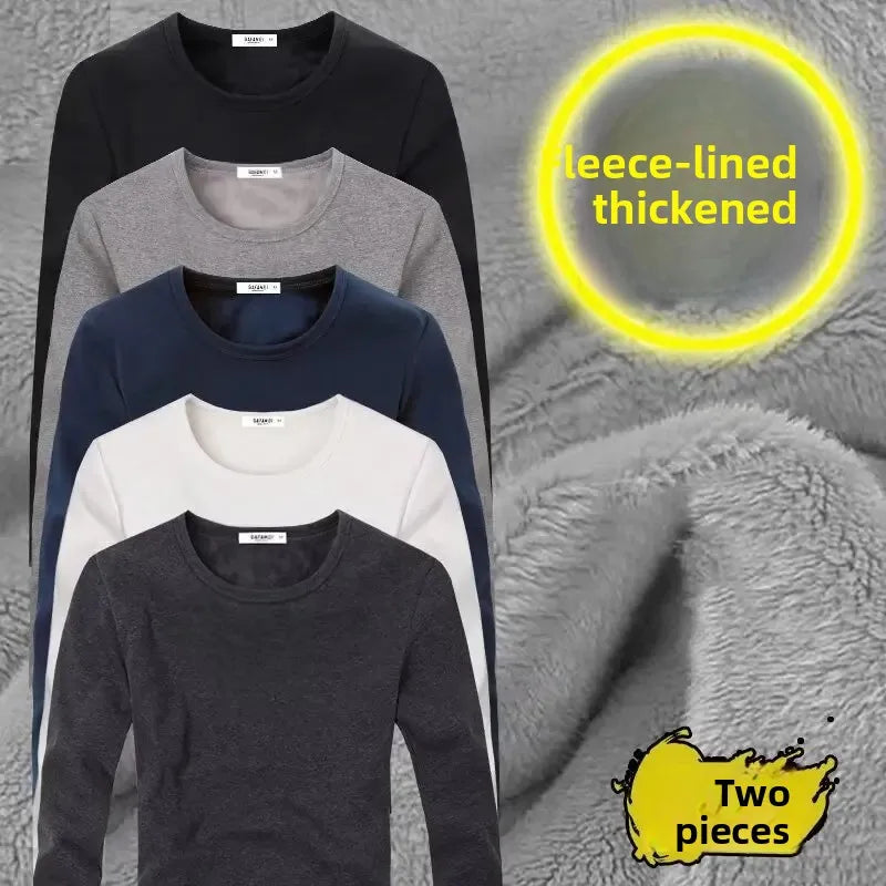 Men's Long Sleeve Thermal Underwear Fleece Lined Thick T-Shirt/round Neck Slim Fit Base Shirt Pure Color Inner Wear Autumn Top