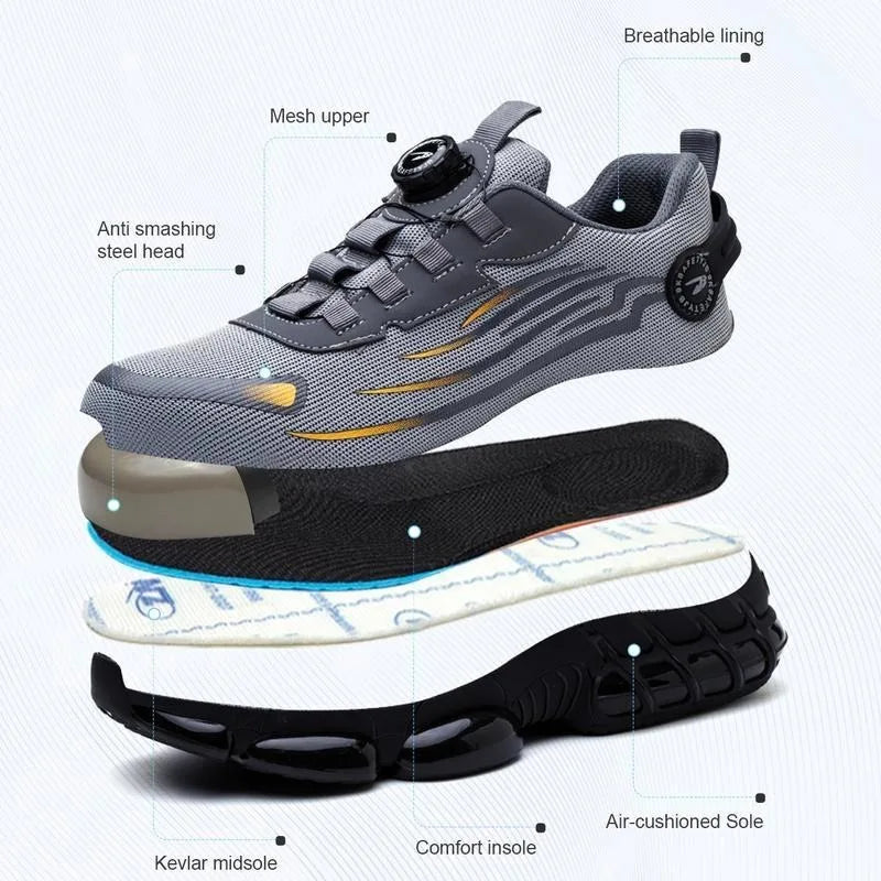 Men's Lace Up Low Top Anti Piercing & Anti Smashing Safety Shoes/with Rotating Button, Contrast Mesh Work Shoes, for Outdoor