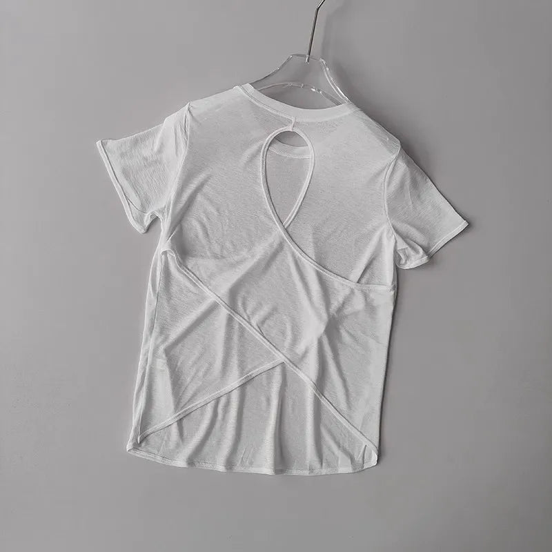 Women's Tight Sports T-shirt Quick Dry Short Sleeve Yoga T-shirt/Pilates Fitting Fitness Back Hollow Out Running crop top women