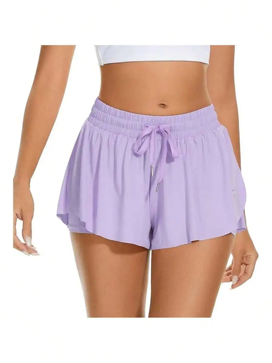 Women's High Waisted 2 In 1 Flowy/Hem Athletic Shorts With Drawstring