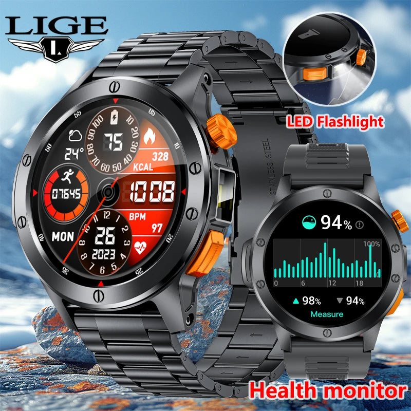 LIGE Sports Smart Watch Men LED Flashlight IP68 Waterproof/Bluetooth Call Health Watches Voice Assistant Military Smartwatch Men