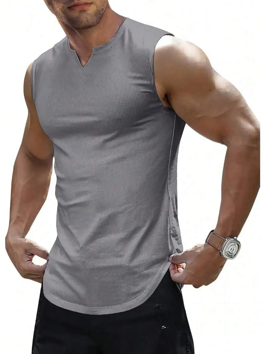 Men's Ribbed Knitted Tank Top/Sleeveless Fitness Gym T-Shirt