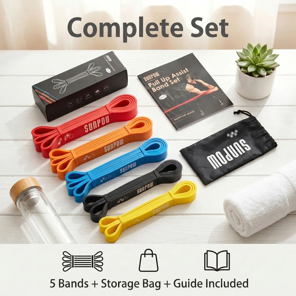 SUNPOW Pull Up Assistance Bands Set of 5 Heavy Duty/Resistance Bands for Men & Women, Natural Latex Exercise Bands