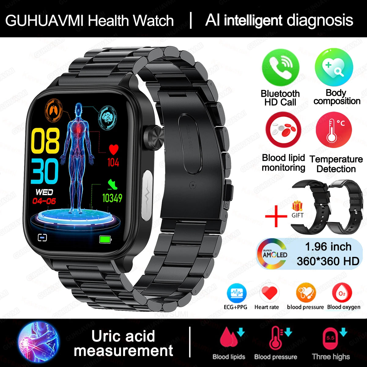 New Al Science Diagnosis Blood Lipids Uric Acid Blood Oxygen/Smart Watch Men ECG+PPG Voice Bluetooth Call Health Smartwatch