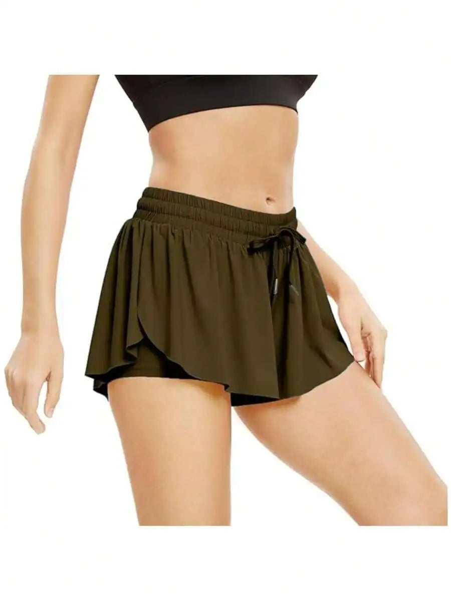 Women's High Waisted 2 In 1 Flowy/Hem Athletic Shorts With Drawstring