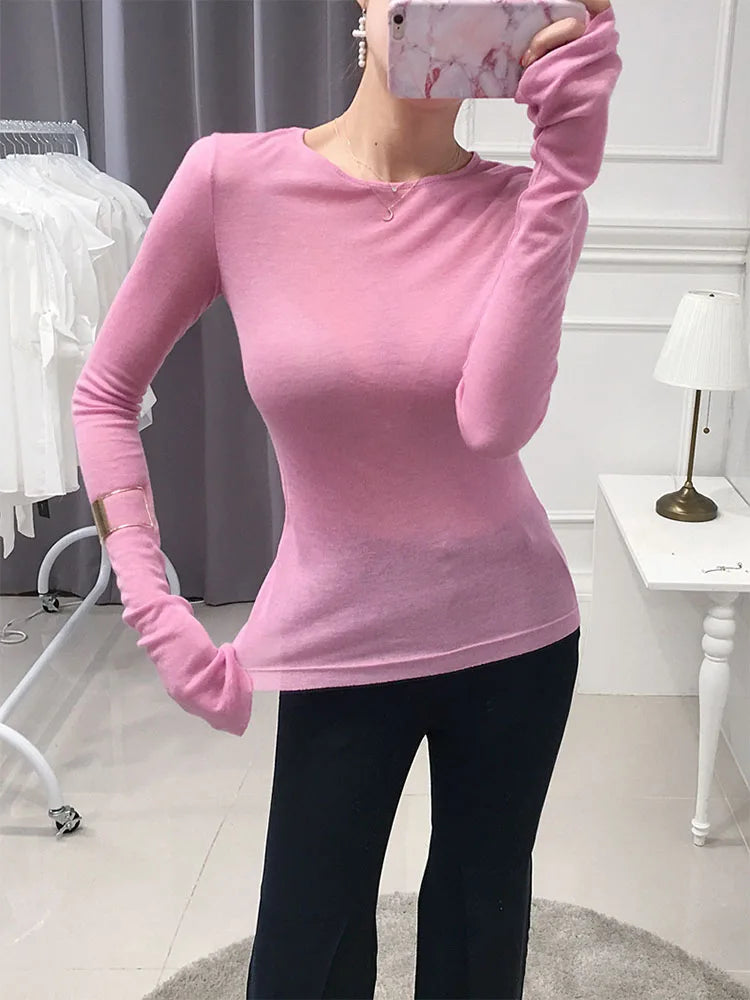Women's Long Sleeve Slim Fit/T-shirt Elastic Soft Casual Top for Daily Wear