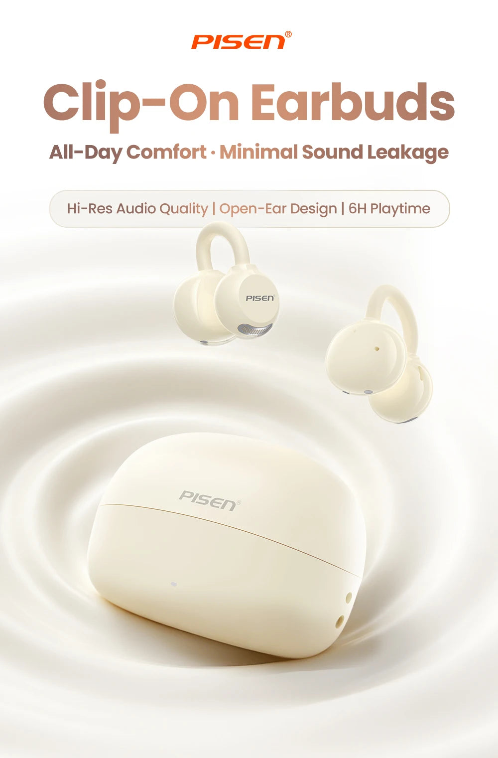PISEN Wireless Bluetooth 6.0 Hi-Res Ear Clip Earphones 360° Directional Sound/Field Long Battery Life Sports Clip Earbuds 30H Pl