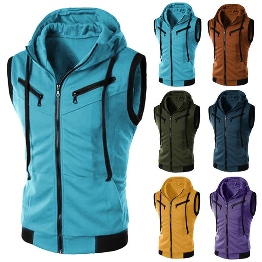 Color Block Summer Sports Men Zipper Sleeveless/Fitness Hoodies Hooded Vest Men's Clothing Jacket