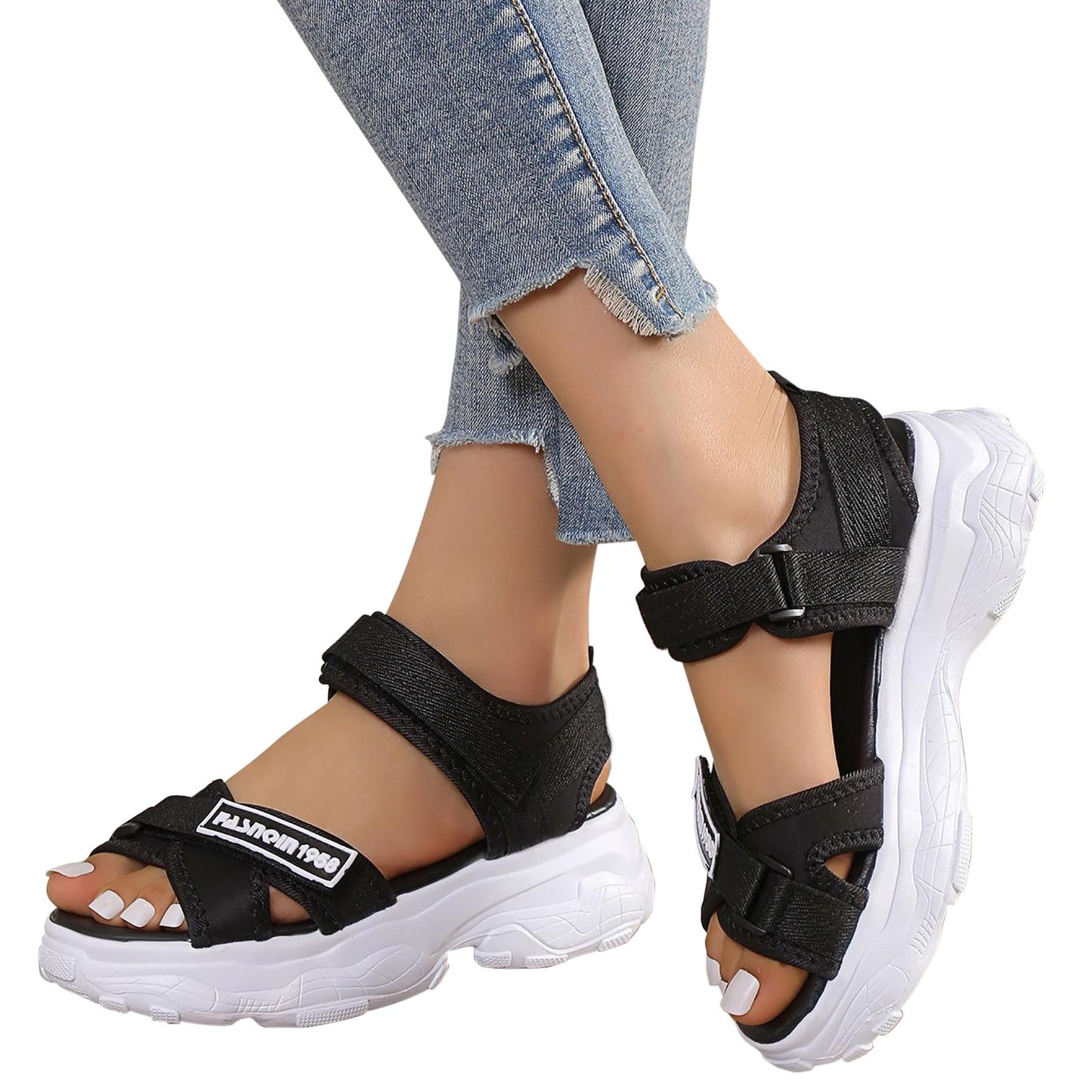 Women Sporty Sandals Polyester Ankle Strap Striped Pattern Shoes/Hook And Loop Fastener Sport Sandals Woman Sneakers