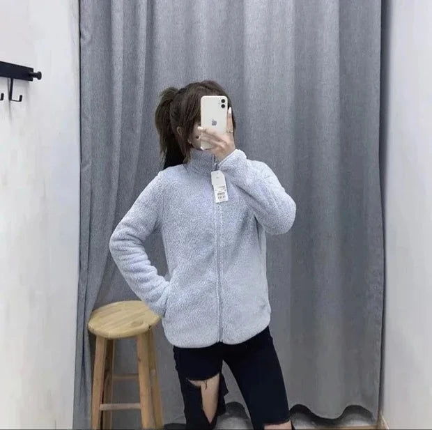 Autumn Winter Women's Long Velvet Fleece Zipper Sleeve Coat Warm/Coral Fleece Jacket Full Length Outerwear Comfortable Coat