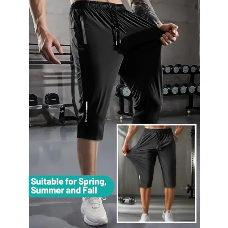 Hidkat Men's Capri Pants 3/4 Joggers Gym/Workout/Hiking Below Knee Long Shorts Lightweight Quick Dry with Zipper Pockets