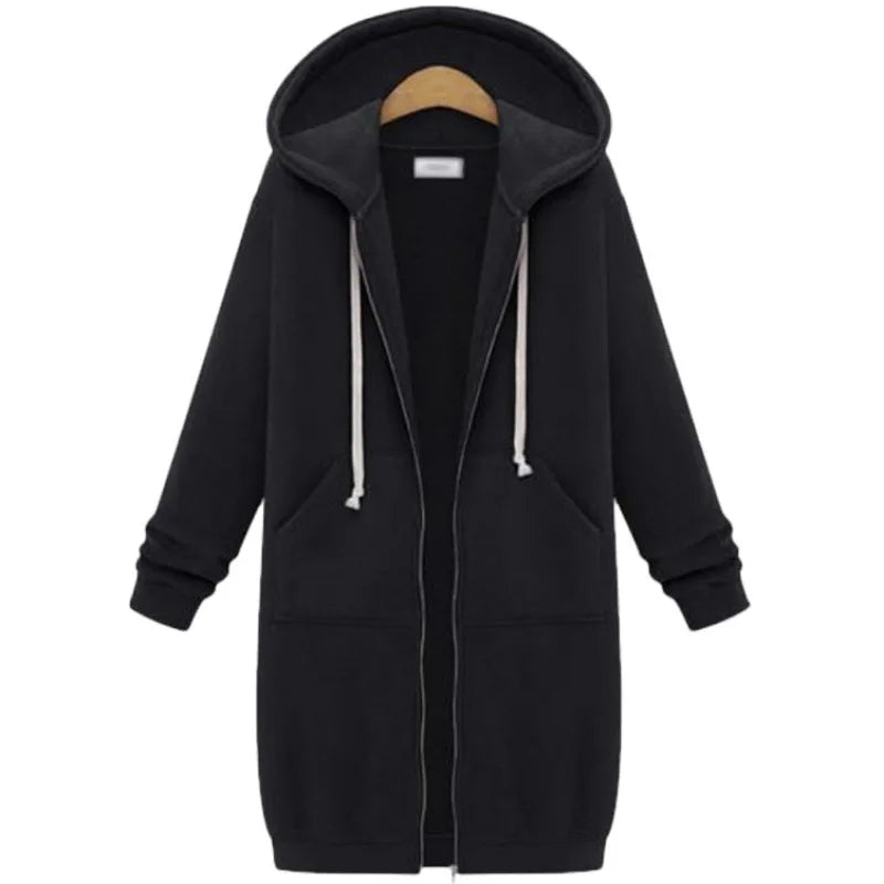 Autumn and Winter Women's Clothing American Hooded/Long-sleeved Medium and Long Sweater Fleece Jacket