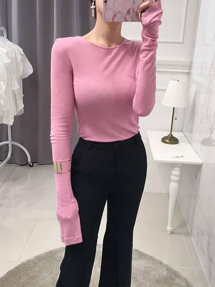 Women's Long Sleeve Slim Fit/T-shirt Elastic Soft Casual Top for Daily Wear