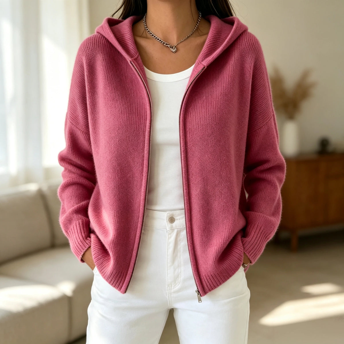 Women's Hooded Zip Up Knit Cardigan, Casual Long Sleeve Loose Sweater/Jacket With Pockets Fall Winter Solid Color Outwear