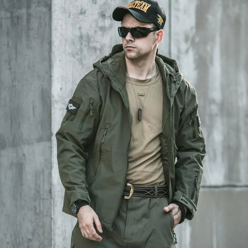 Men's Military Tactical Jackets Full Zip Shark Skin Soft Shell Tactical/Waterproof Windbreaker Outdoors Hiking Hooded Coat S-4XL
