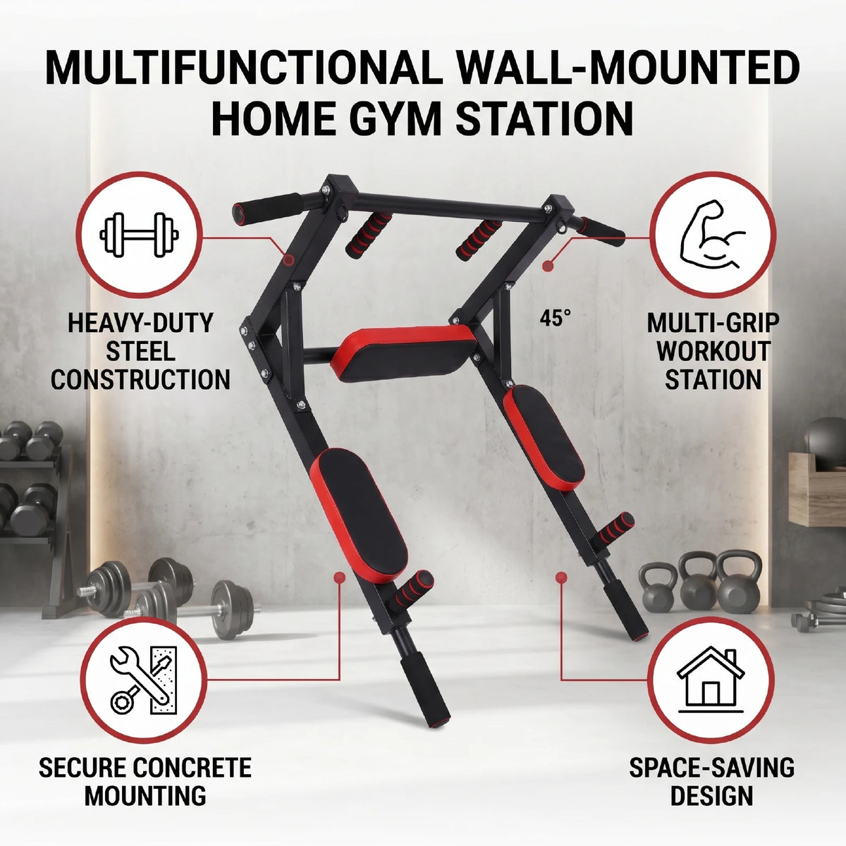 Wall Mounted Pull Up Bar Wall-Mounted Pull-Up Bar Dip Station/Multifunctional for Home Gym Indoor Workout Supports to 551LBS