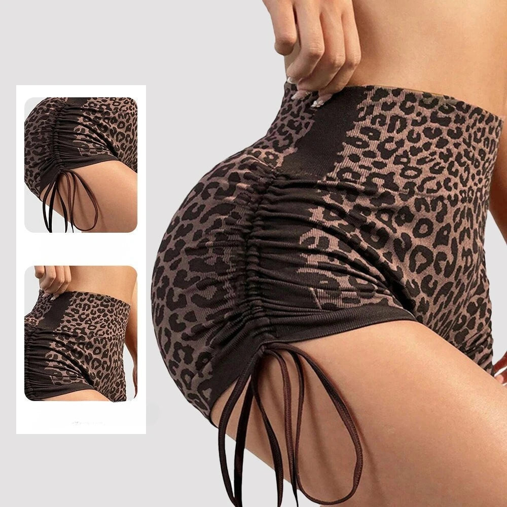 Women High Waist Yoga Shorts Side Drawstring Sexy Leopard Print/Sports Shorts Gym Athletic Running Leggings Workout Shorts