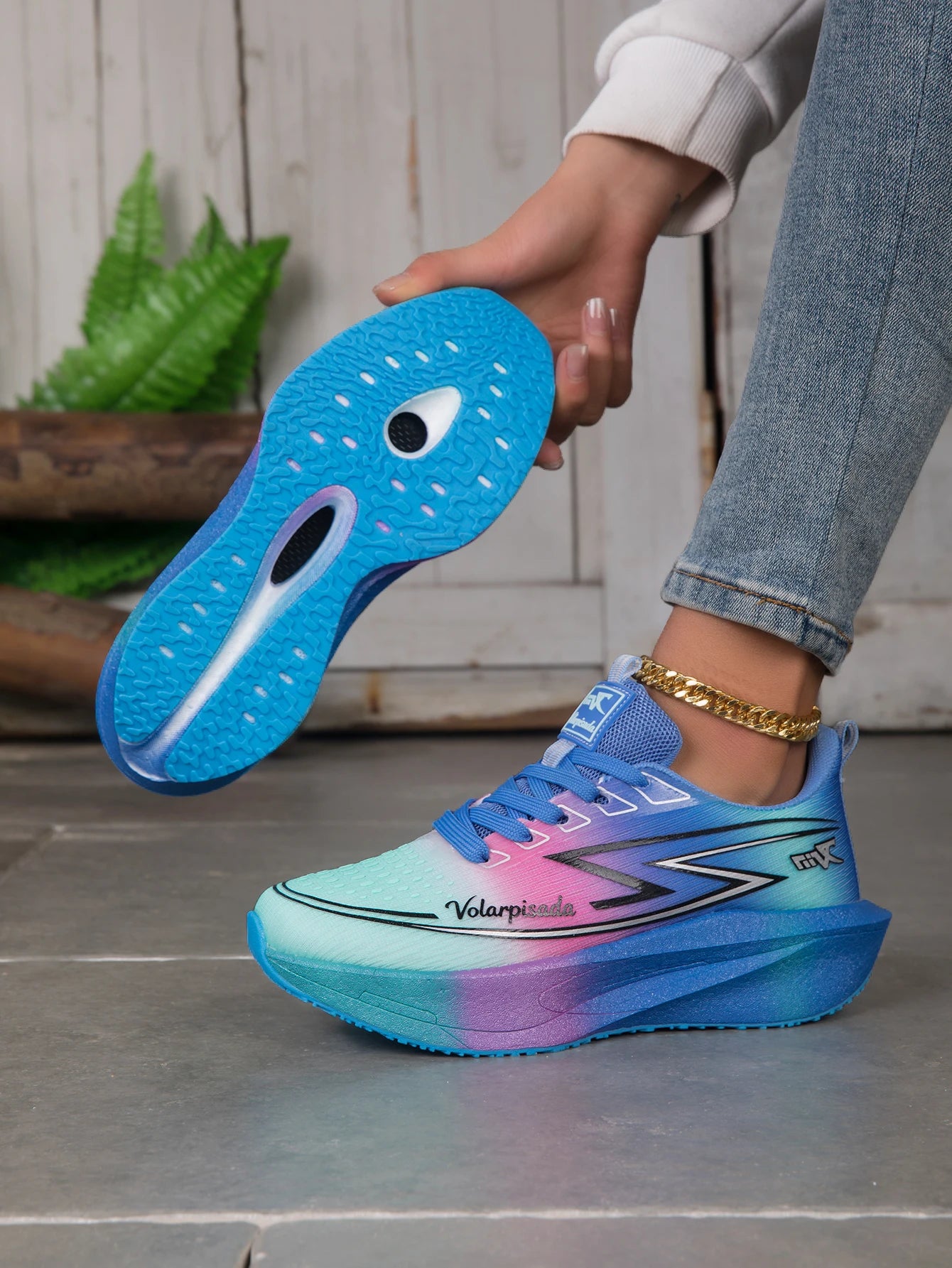 Women Gradient Lightning Print Running Sneakers Breathable/Flying Weave Mesh Light Cushion Non Slip Shock Absorb Athletic Shoes