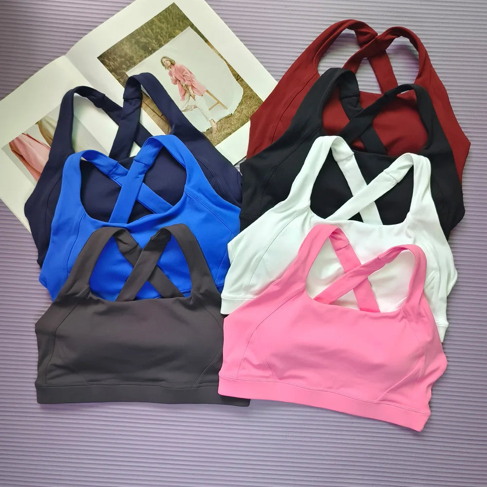 Solid color cross back sports bra quick drying shock-absorbing/Pilates yoga vest running and fitness bra