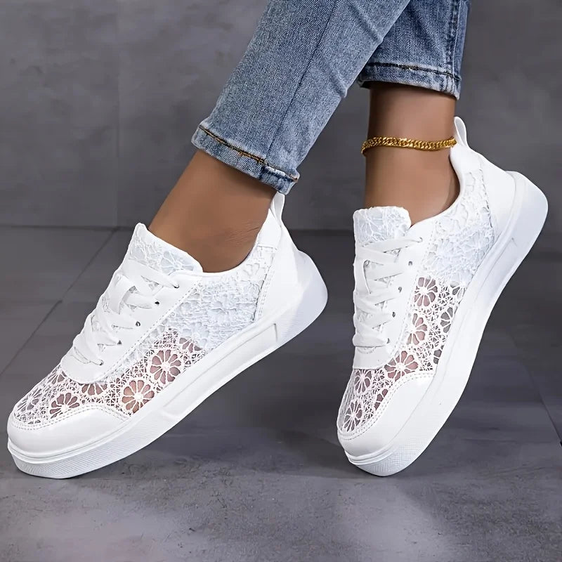 New Arrival Women Lace Mesh Platform Sneakers Floral Embroidery/Breathable Slip On Lace Up Casual Walking Shoes