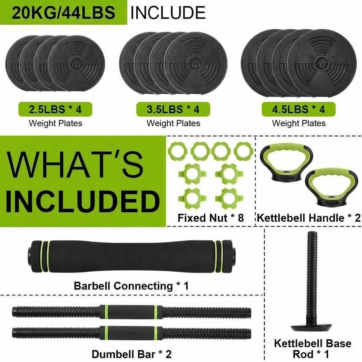 Adjustable Weight Set 44 Lbs, 4-in-1 Dumbbell Set/and Barbell Weight Set for Home Gym Converts to Kettlebell & Push-Up Stand