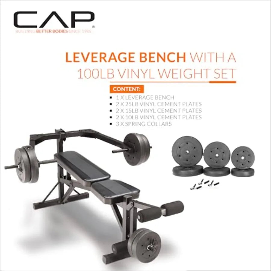 Weight Bench with 100 LB Vinyl Weight Set, Adjustable Strength Training/Bench with Leg Developer, Multi-Position Home Gym Bench Press