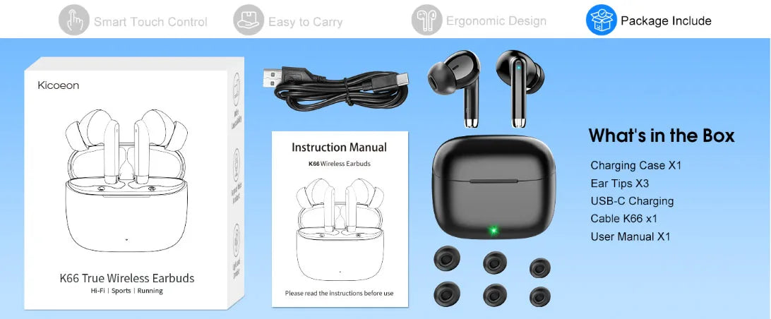 K66 Noise Cancelling Earbuds 90% ANC Reduction 14.2mm/Hi-Res Sound, BT 5.3, IPX7 Waterproof 48H Playtime