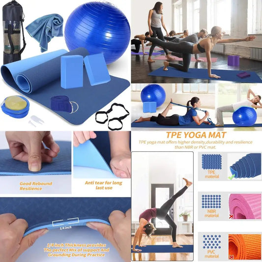 Yoga Starter Kit - 11-Piece Set with Yoga Blocks/Strap Ball, Mat, Carrying Strap, Net Bag, Cooling Towel