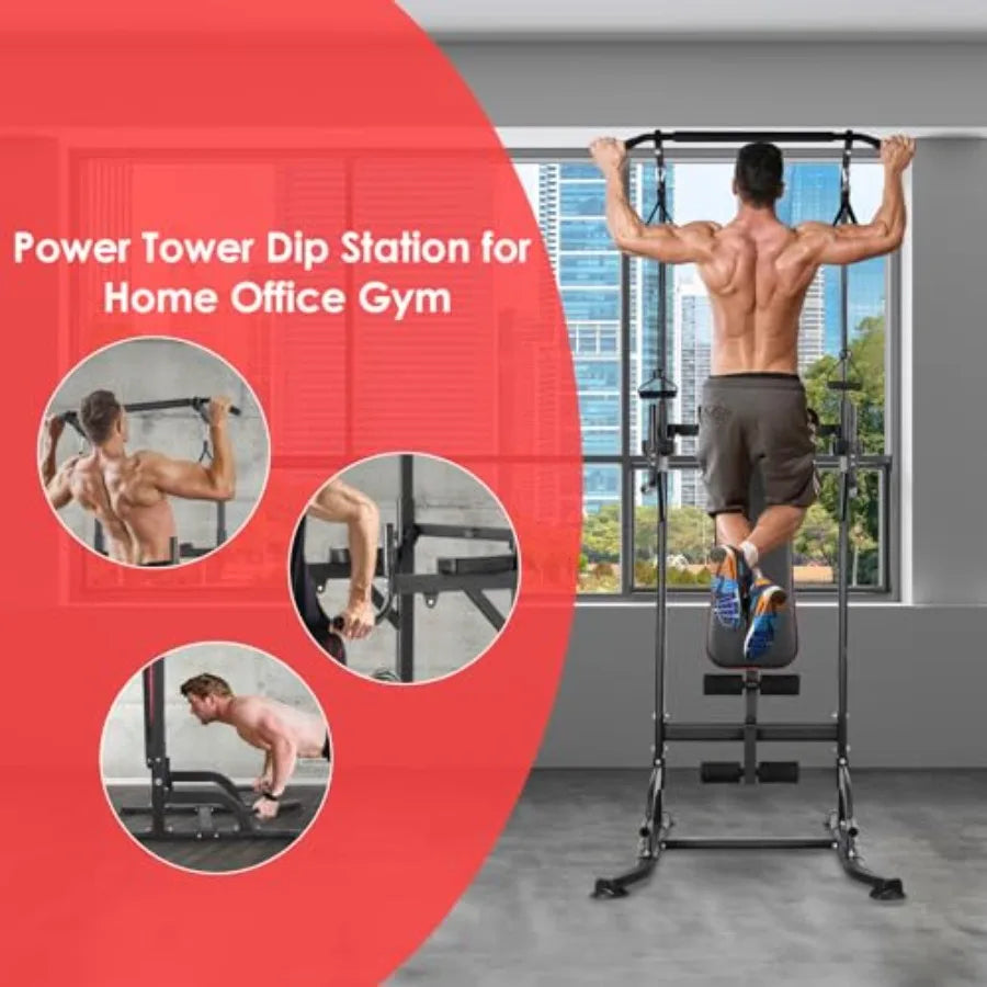 Arlopu Power Tower with Bench Pull Up Bar Stand Dip Bar/Folding Bench 4 Ropes Strength Training Multi-Function Fitness Equipment